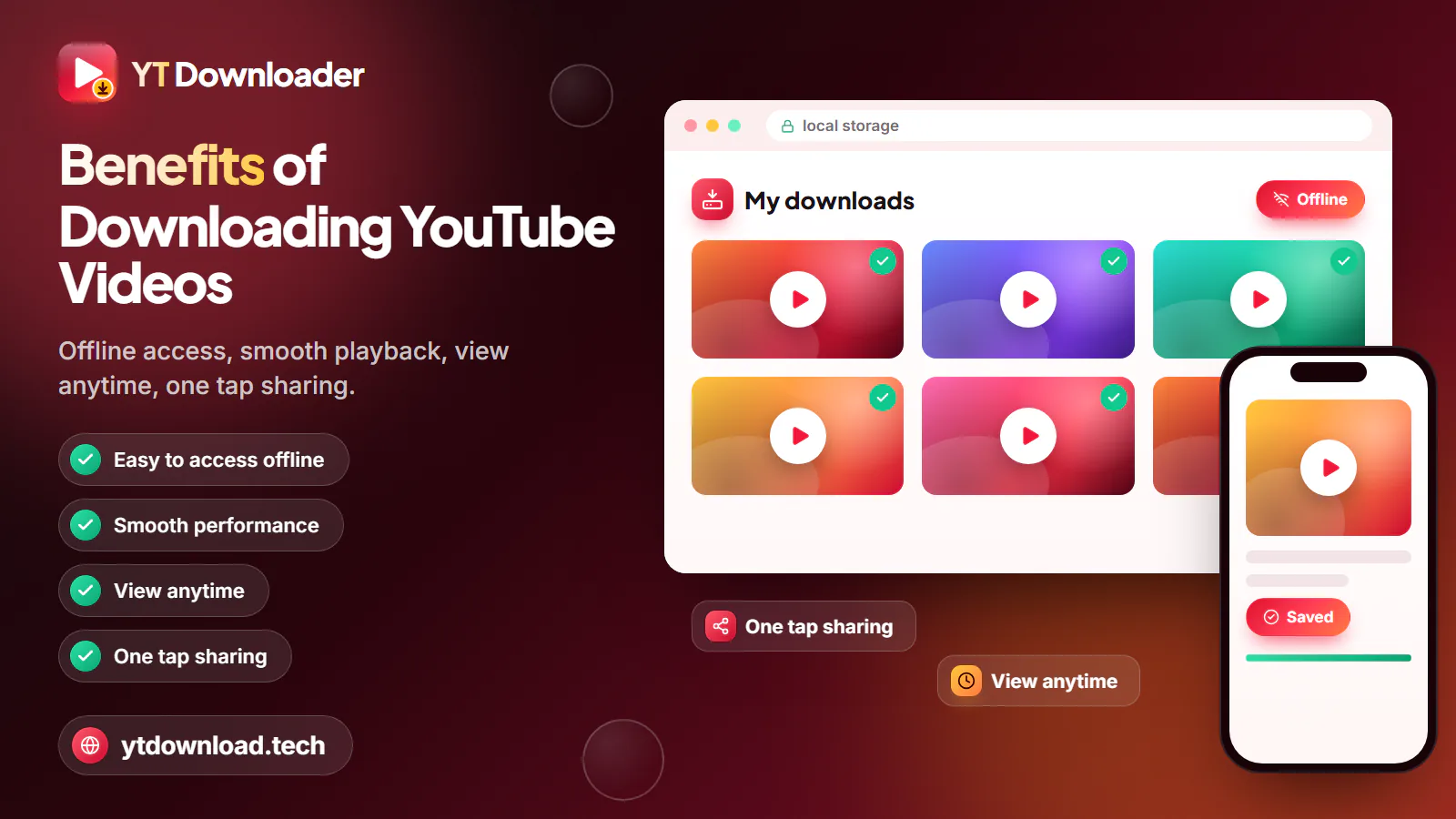 Benefits of downloading YouTube videos Offline downloads library on a laptop with a phone showing a saved video, plus one-tap sharing and view-anytime chips