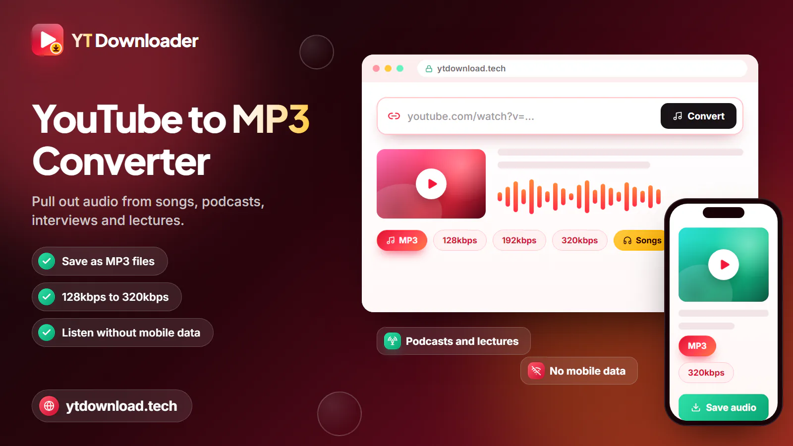 YouTube to MP3 Converter YouTube to MP3 converter showing an audio waveform, 128kbps to 320kbps quality chips and a Save audio button